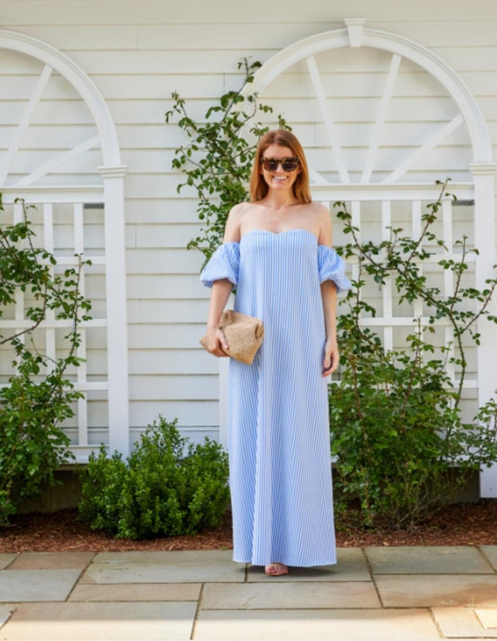 Pomander Place Tuckernuck Blue Off-shoulder Stripe Kenner Maxi Dress Large NWT